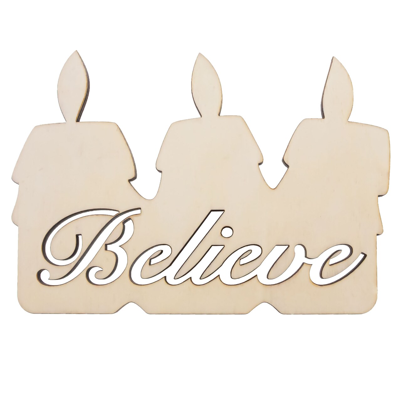 Unfinished Wooden Candle Shape with Text "Believe" Cutout DIY Craft 4.8 Inches